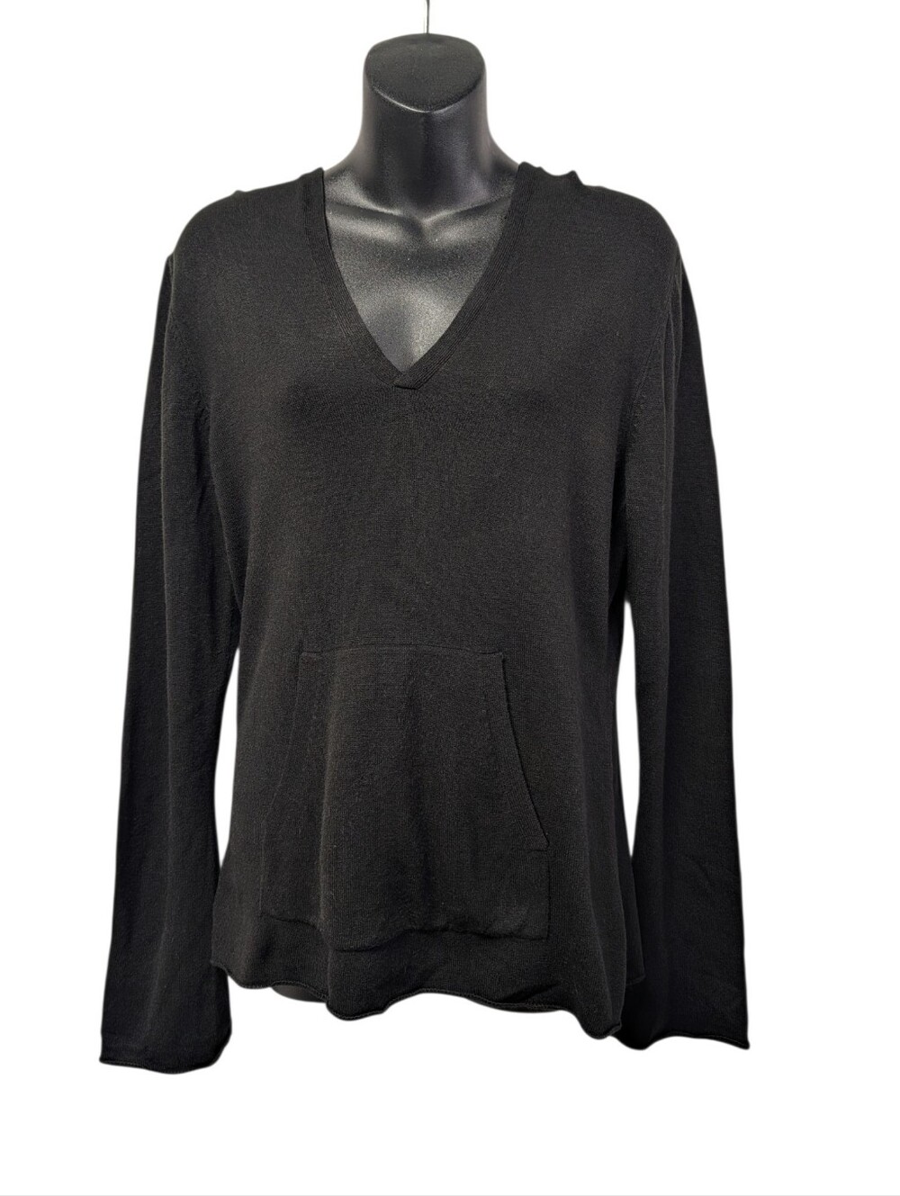 Josephine Chaus Womens Black Knit V-Neck Hooded Pullover Sweater Size M